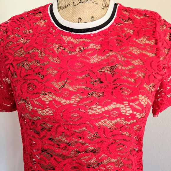 NWT Red Lace Blouse w/Striped Black & White Collar - Picture 6 of 8
